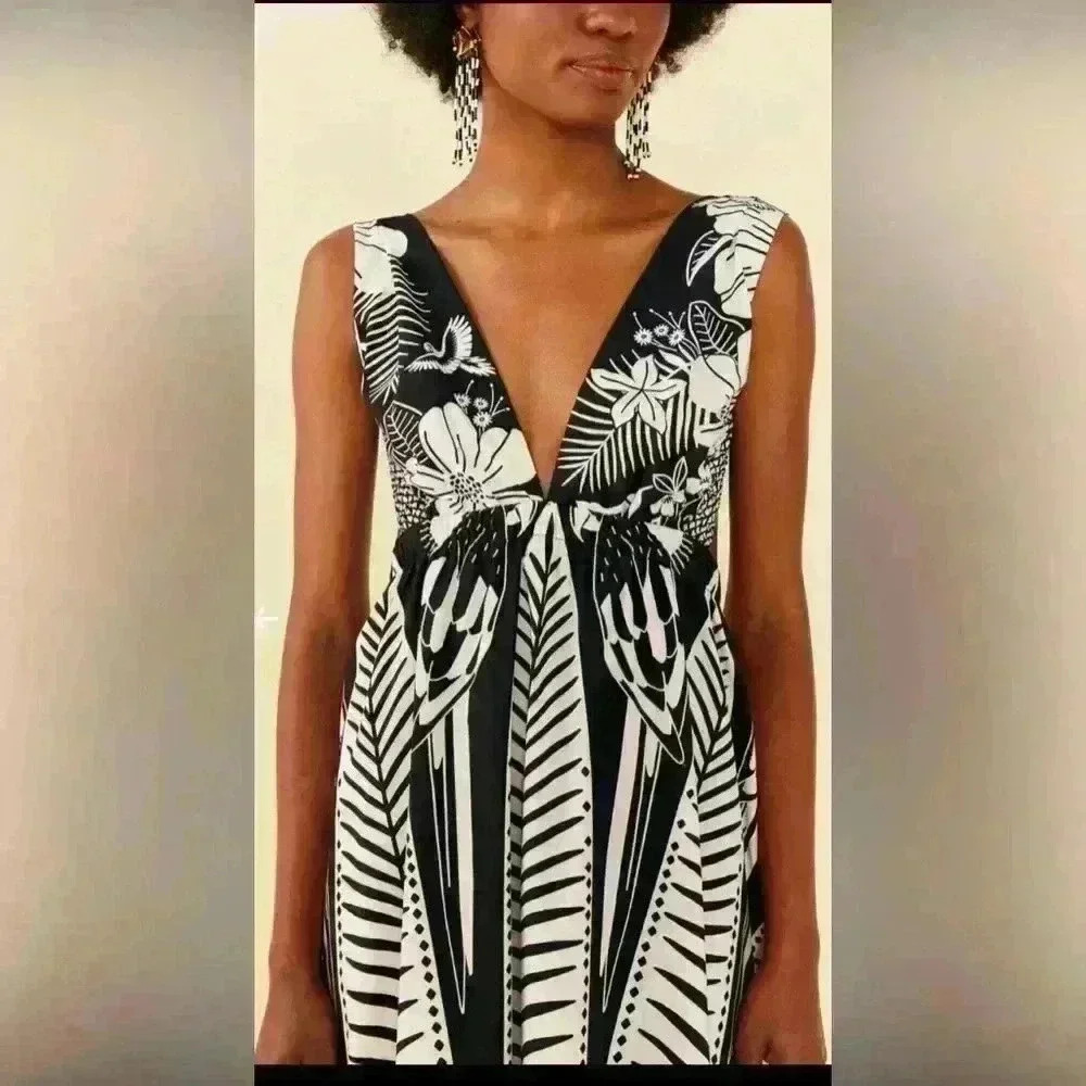 FARM Rio Macaw Black & White Cotton Backless Maxi Dress - Tropical Print - Picture 3 of 14